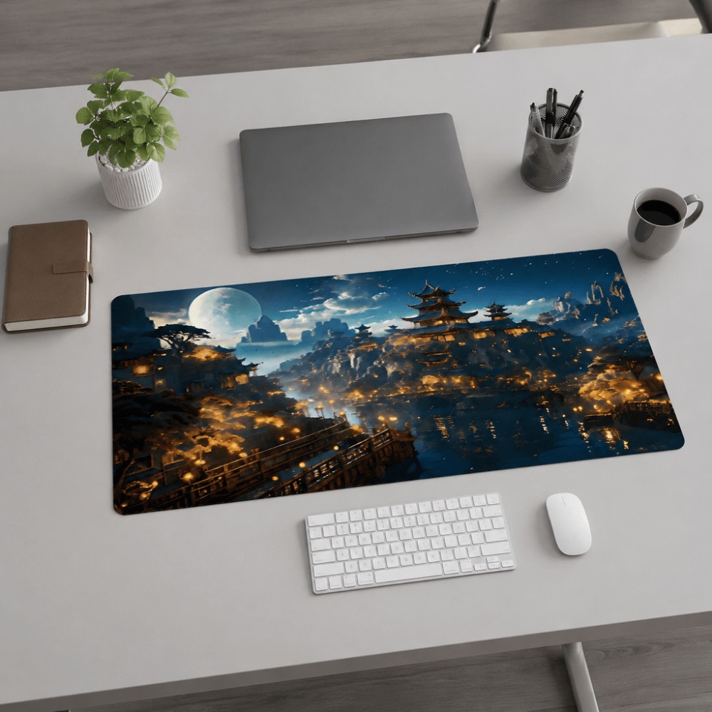 Desk Setup Simple - Original fantasy night city moon print